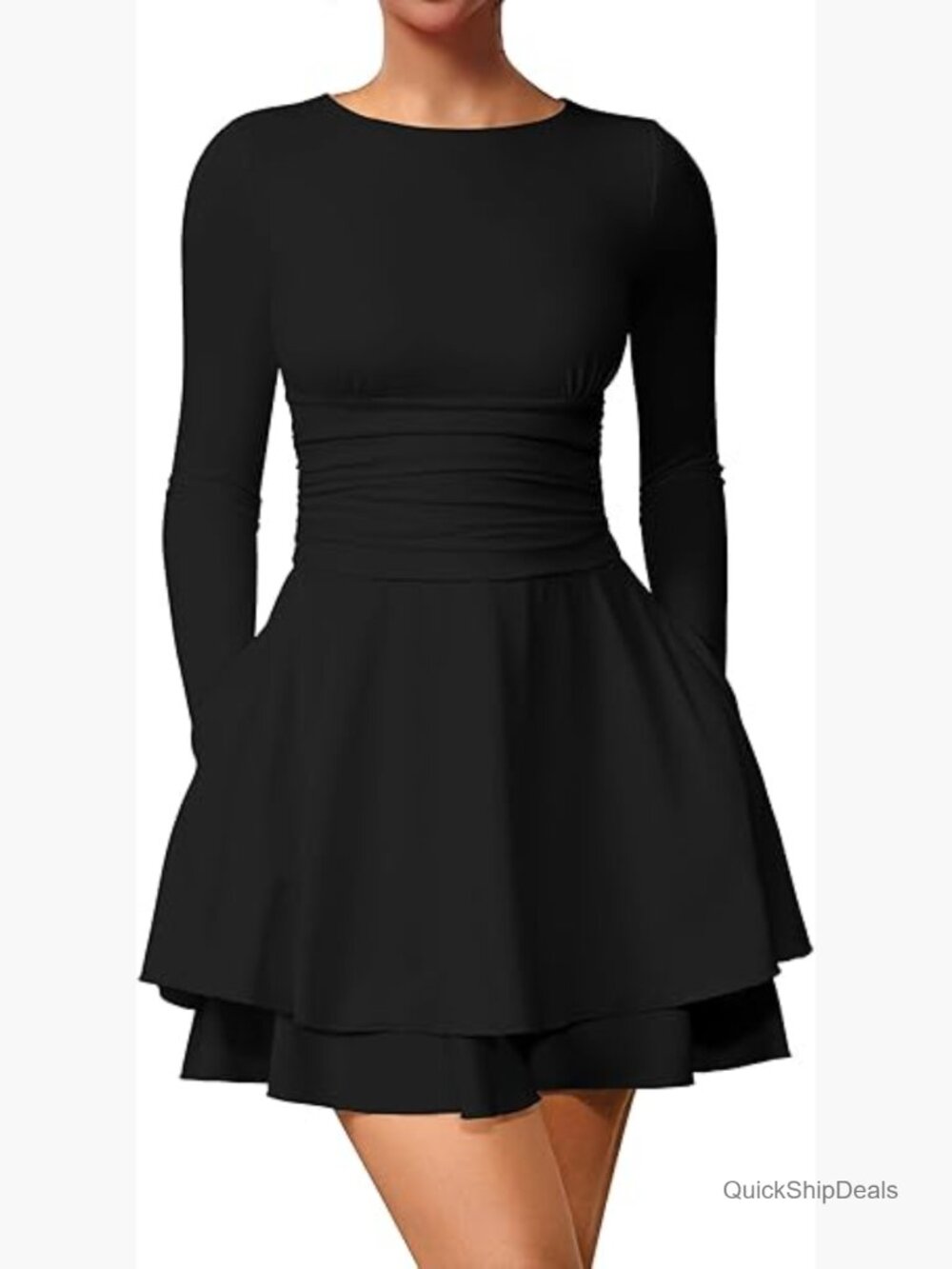 Sexy Crew Neck Long Sleeve Flowy Hem Corset Mini Dress with Side Pocket